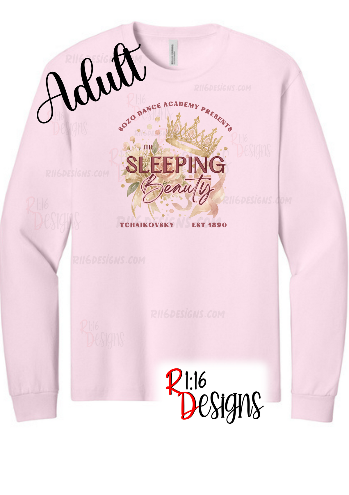 A light pink long-sleeve crewneck sweatshirt with a graphic print on the front. The graphic features a gold crown, floral elements, and the text 'The Sleeping Beauty' along with 'SoZo Dance Academy Presents' and 'Tchaikovsky Est 1890'.